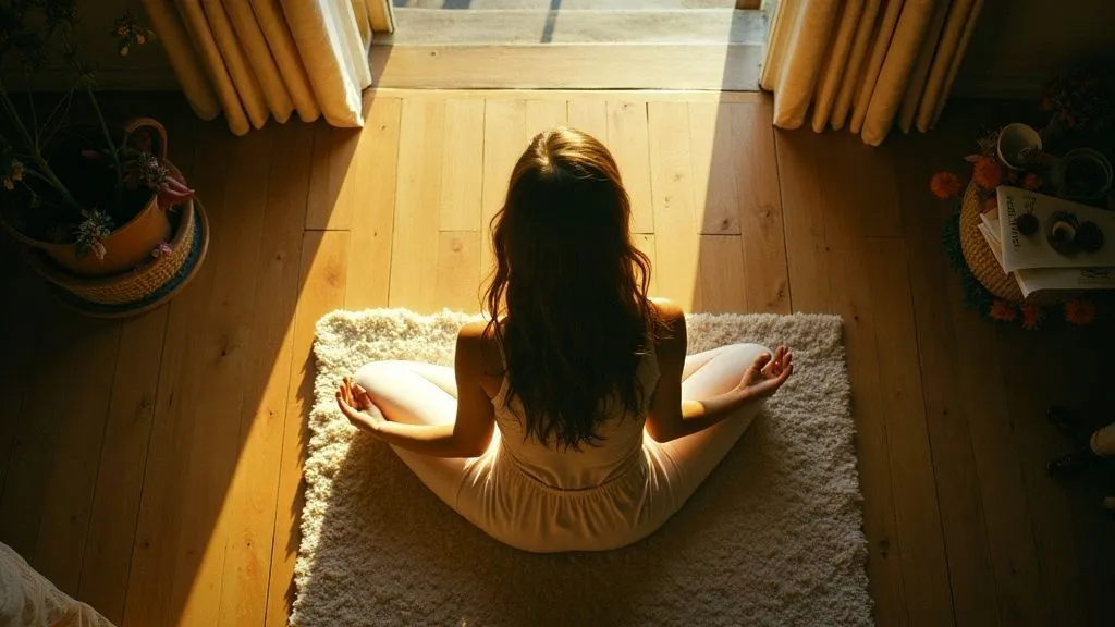 A serene landscape with a person meditating at sunrise